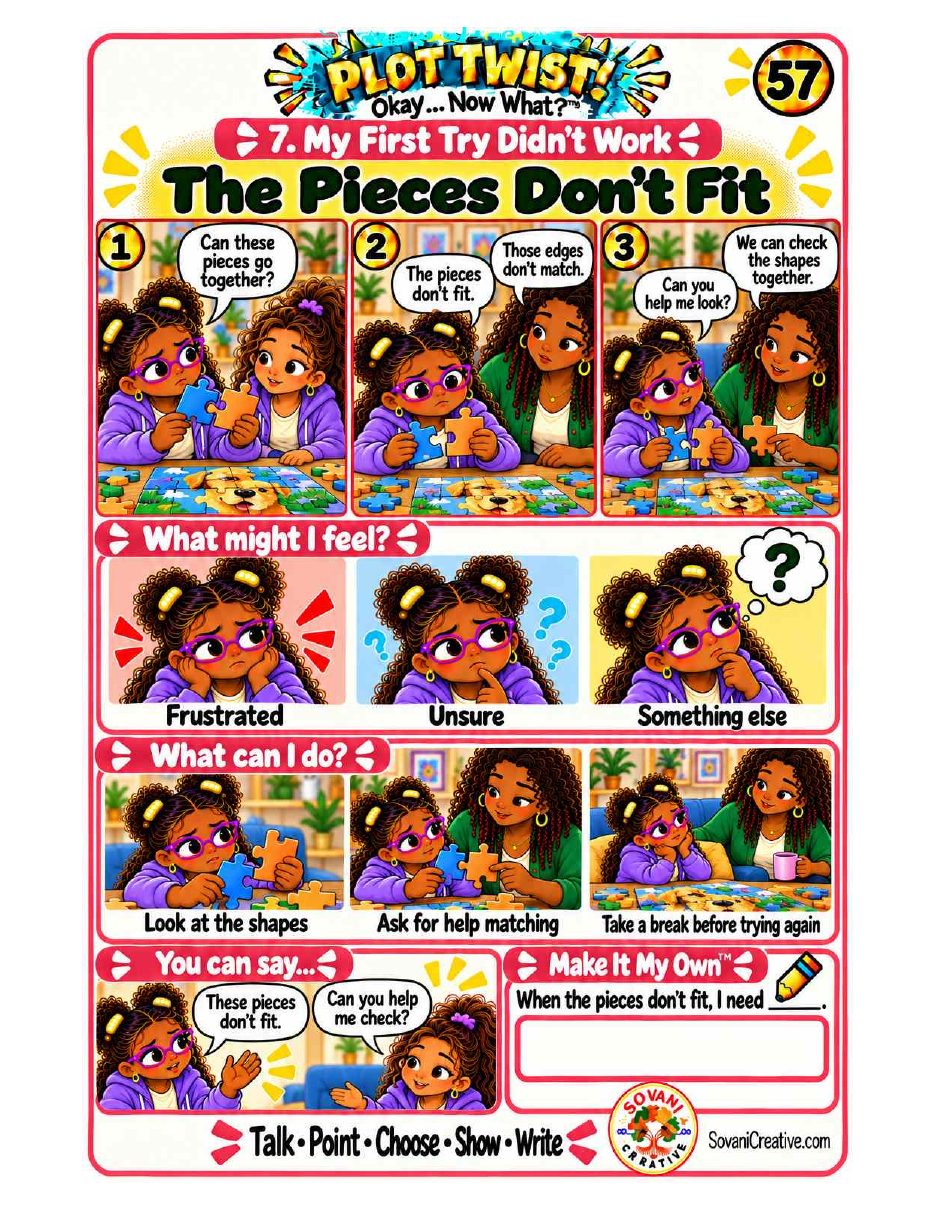 Story card 57 from the My First Try Didn’t Work section, with visual feelings, choices and a You can say… section.