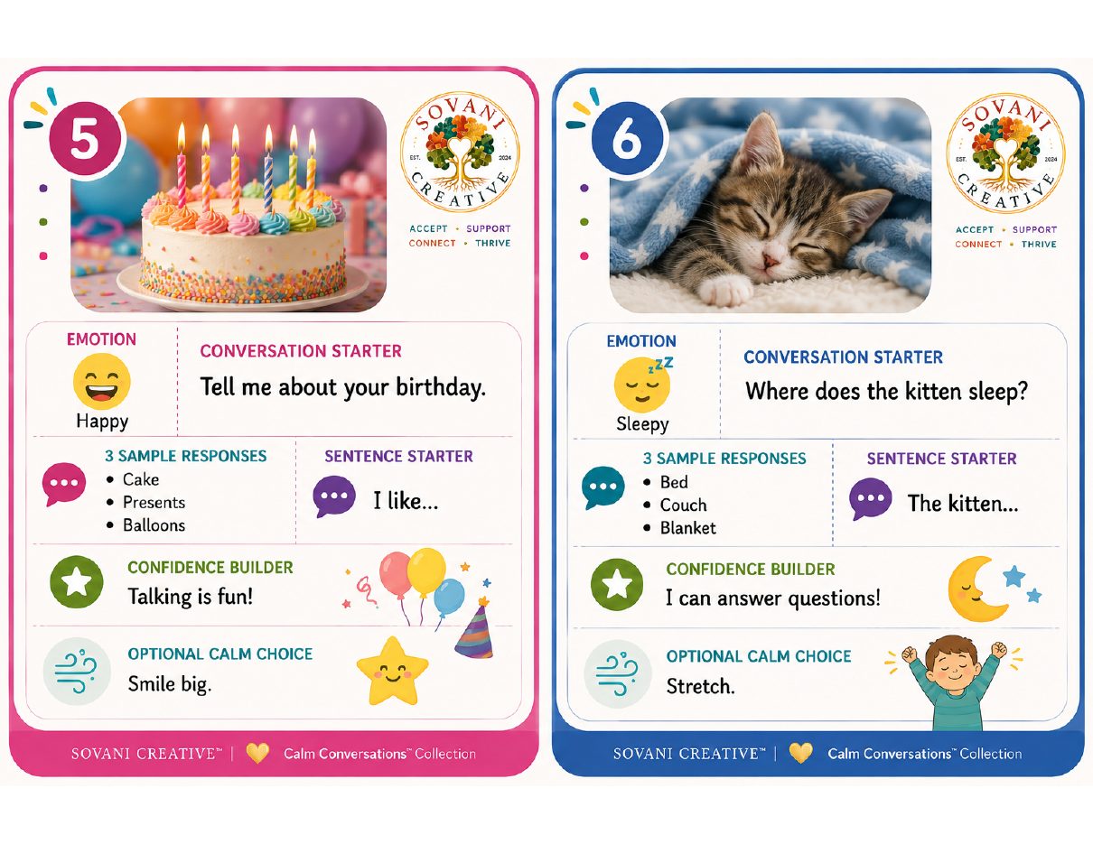 Prompt Cards 5–6 from 30 Conversation Prompts for Speech Confidence, Ages 3–5, by Sovani Creative