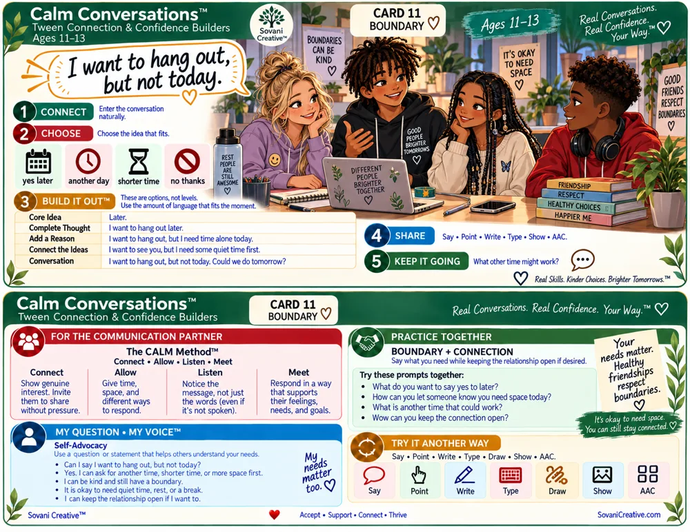 Front and back of a Calm Conversations Ages 11–13 practice card