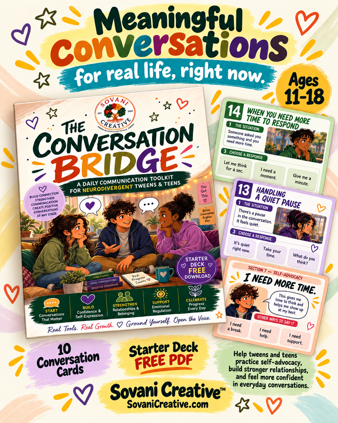Meaningful Conversations for real life, right now — The Conversation Bridge™ daily communication toolkit for neurodivergent tweens and teens, ages 11–18, with a free starter deck download
