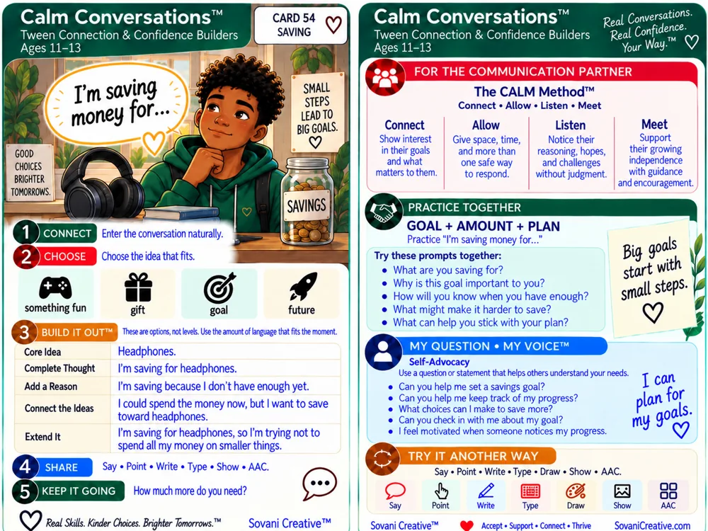 Ages 11–13 conversation card about saving money and everyday decision-making