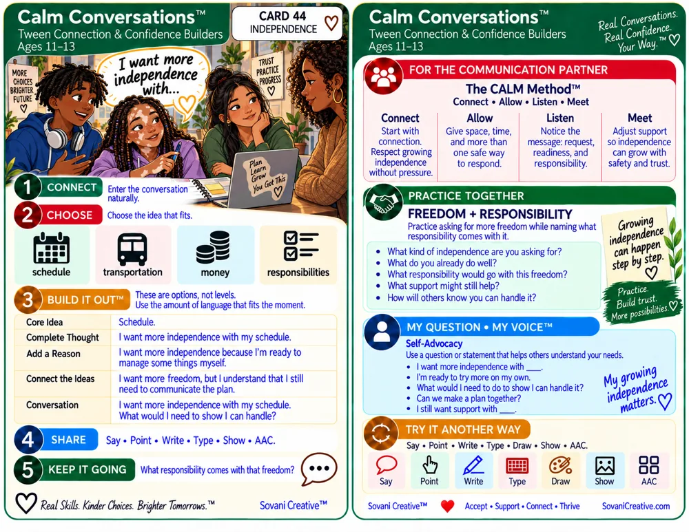 Ages 11–13 conversation card about asking for more independence with schedules and responsibilities