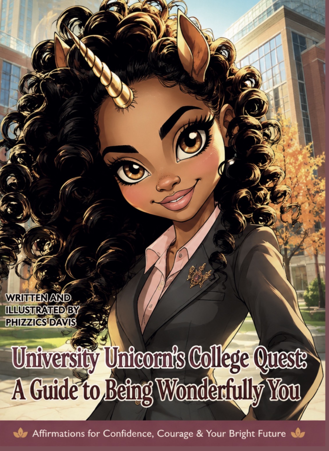 University Unicorn's College Quest coloring book cover — a unicorn character heading to college, by Phizzics Davis
