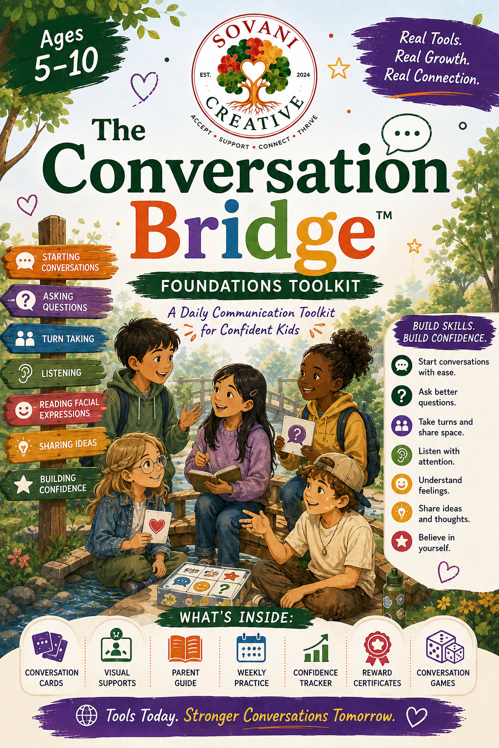 The Conversation Bridge Ages 5–10 Foundations Toolkit cover: a diverse group of children sitting together on a small bridge sharing illustrated conversation cards, surrounded by signposts naming skills such as starting conversations, asking questions, turn taking, and listening