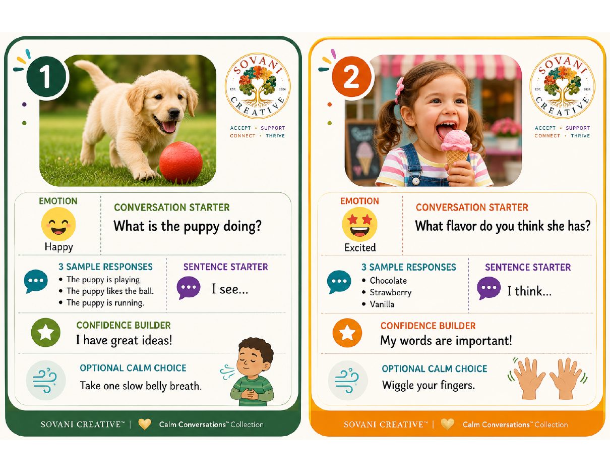 Prompt Cards 1–2 from 30 Conversation Prompts for Speech Confidence, Ages 3–5, by Sovani Creative