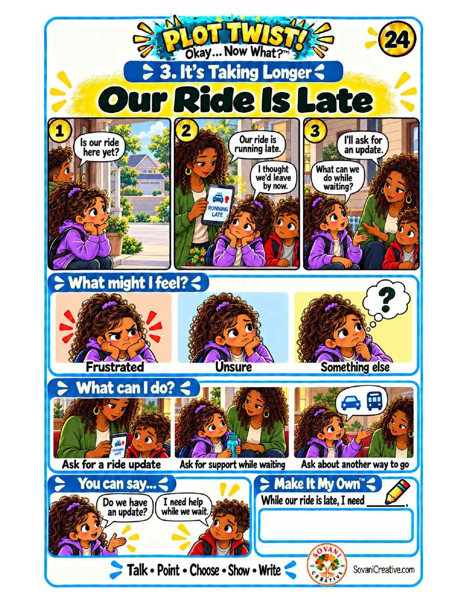 Story card 24, Our Ride Is Late: a three-panel comic with feeling choices, what-can-I-do options and a Make It My Own sentence starter.
