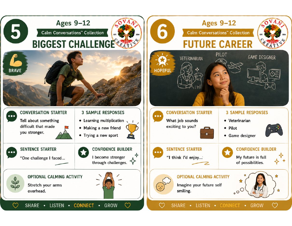 Prompt Cards 5–6 from 30 Conversation Prompts for Speech Confidence, Ages 9–12, by Sovani Creative