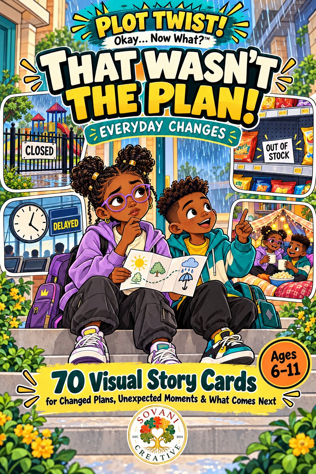 PLOT TWIST! Okay… Now What? That Wasn’t the Plan! Everyday Changes cover: two children sit on school steps looking at a map, surrounded by scenes of a closed playground, an out-of-stock shelf, a delayed sign and a cozy indoor fort — 70 Visual Story Cards, ages 6–11