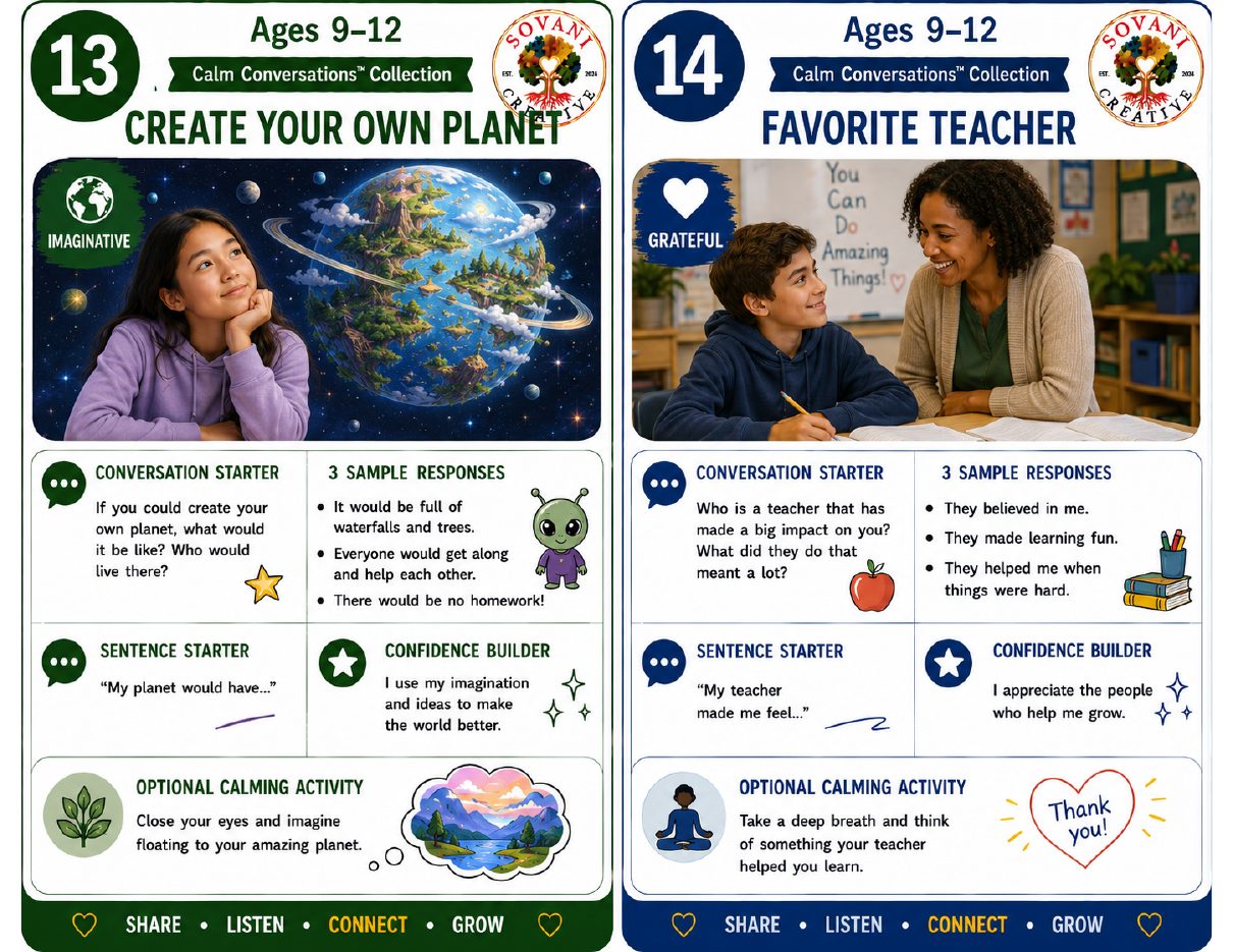 Prompt Cards 13–14 from 30 Conversation Prompts for Speech Confidence, Ages 9–12, by Sovani Creative