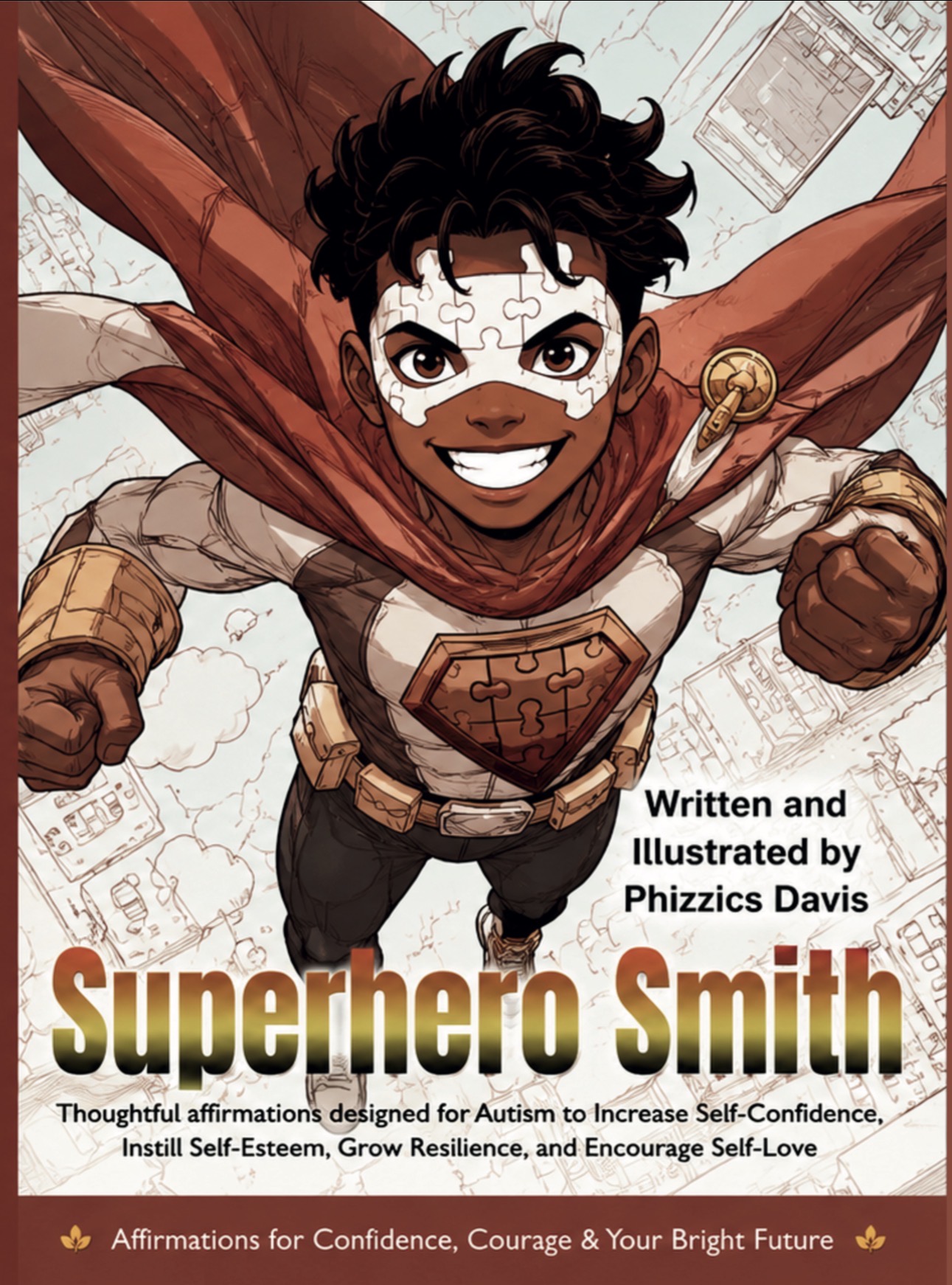 Superhero Smith coloring book cover — a young superhero character, by Phizzics Davis