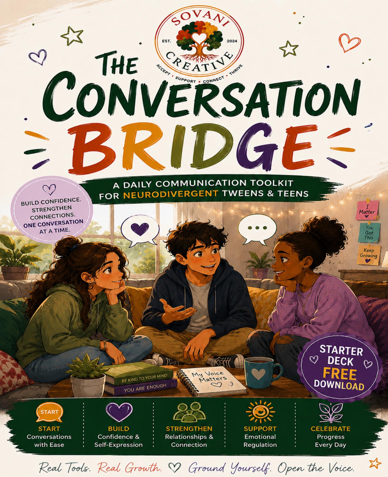 The Conversation Bridge™ Starter Deck cover — 10 free conversation cards for neurodivergent tweens and teens, ages 11–18