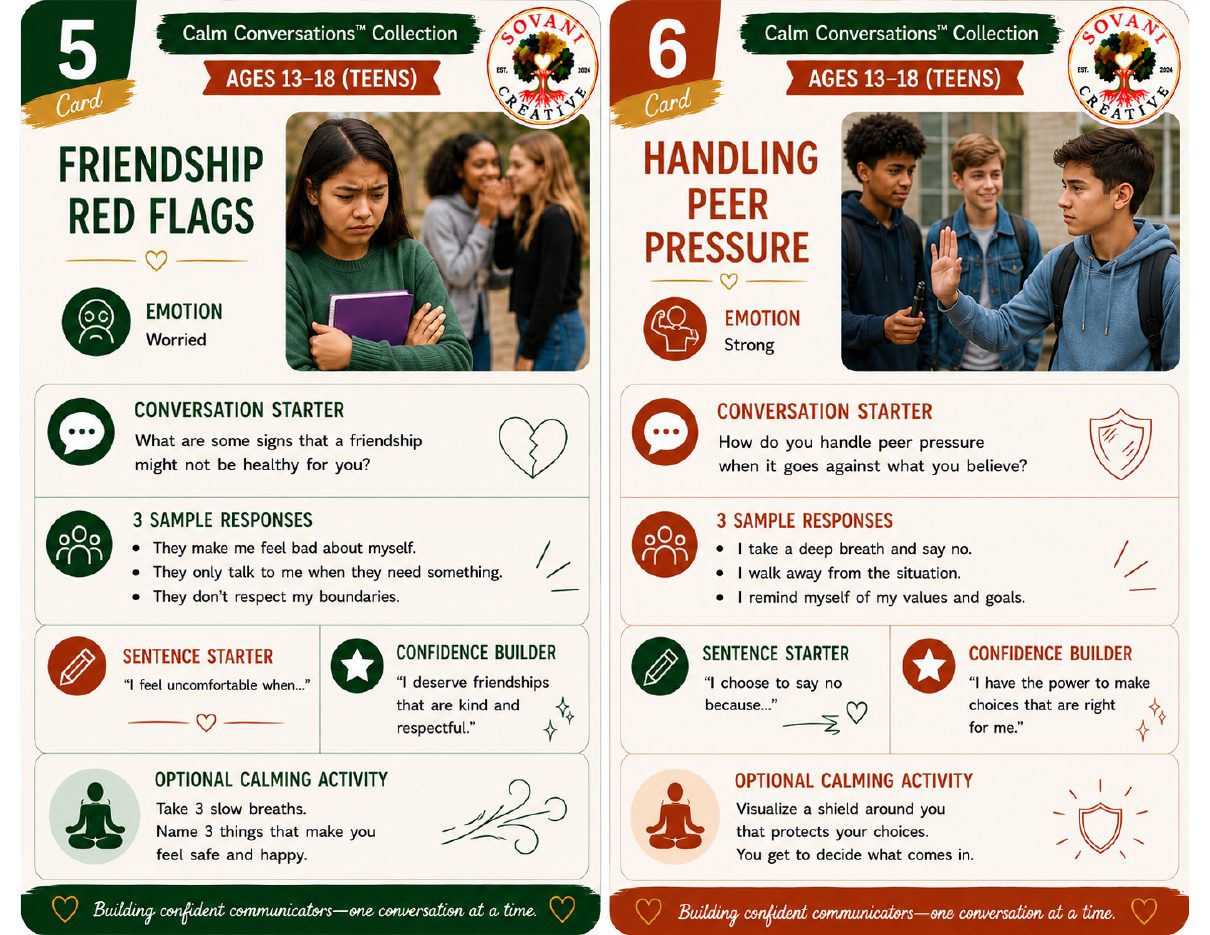 Prompt Cards 5–6 from 30 Conversation Prompts for Speech Confidence, Ages 13–18, by Sovani Creative