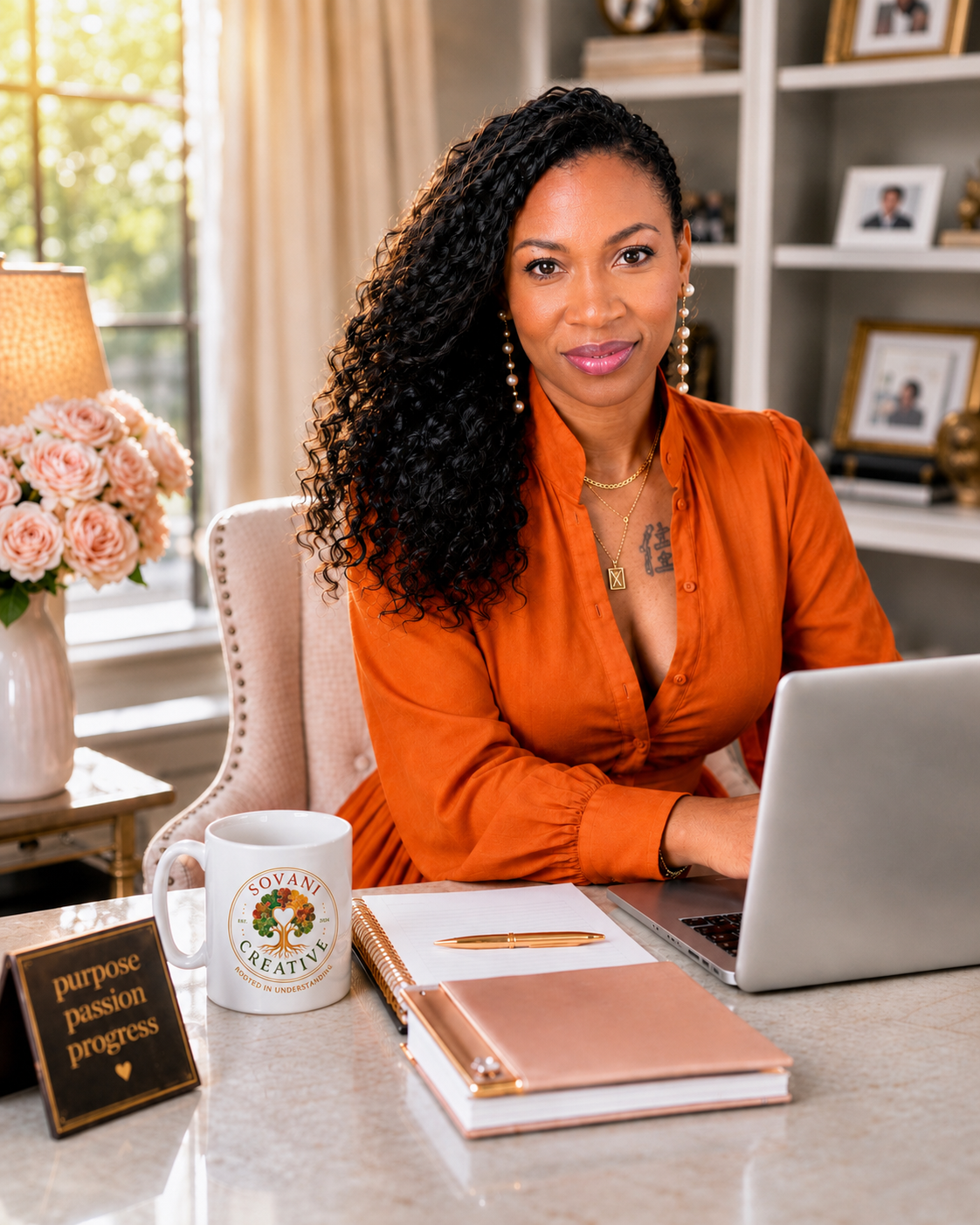 Phizzics Davis, founder of Sovani Creative, at her desk with a Sovani Creative branded mug
