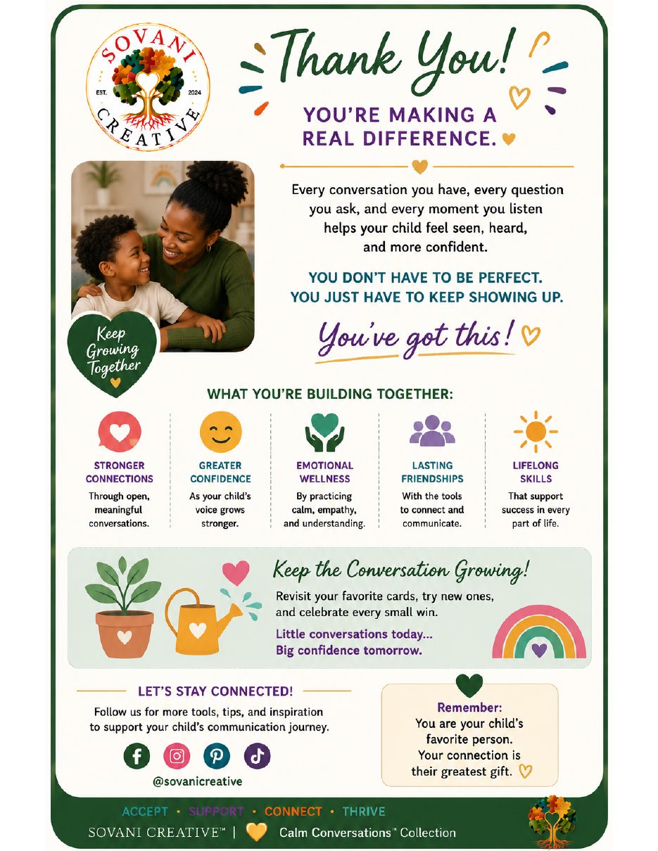 Thank You Page from 30 Conversation Prompts for Speech Confidence, Ages 3–5, by Sovani Creative