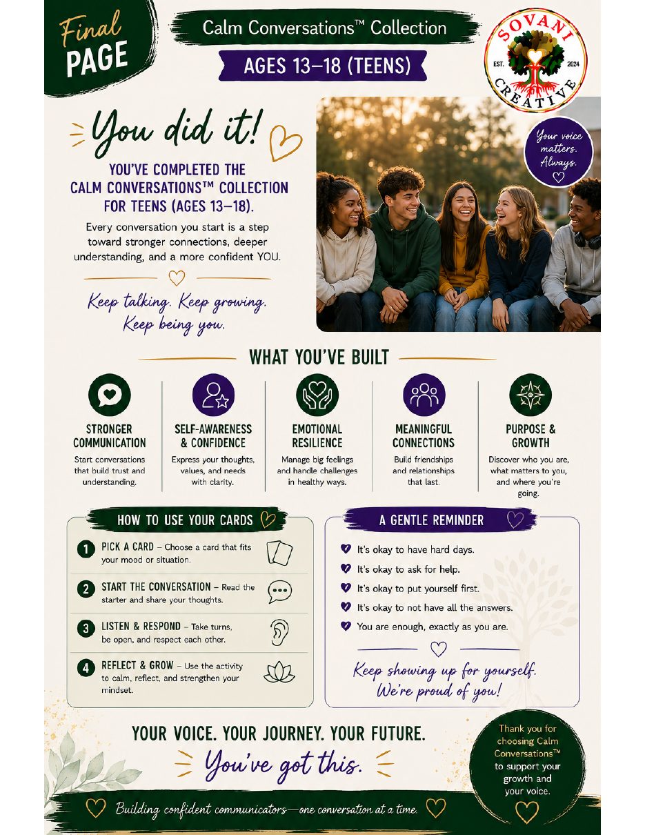Thank You Page from 30 Conversation Prompts for Speech Confidence, Ages 13–18, by Sovani Creative