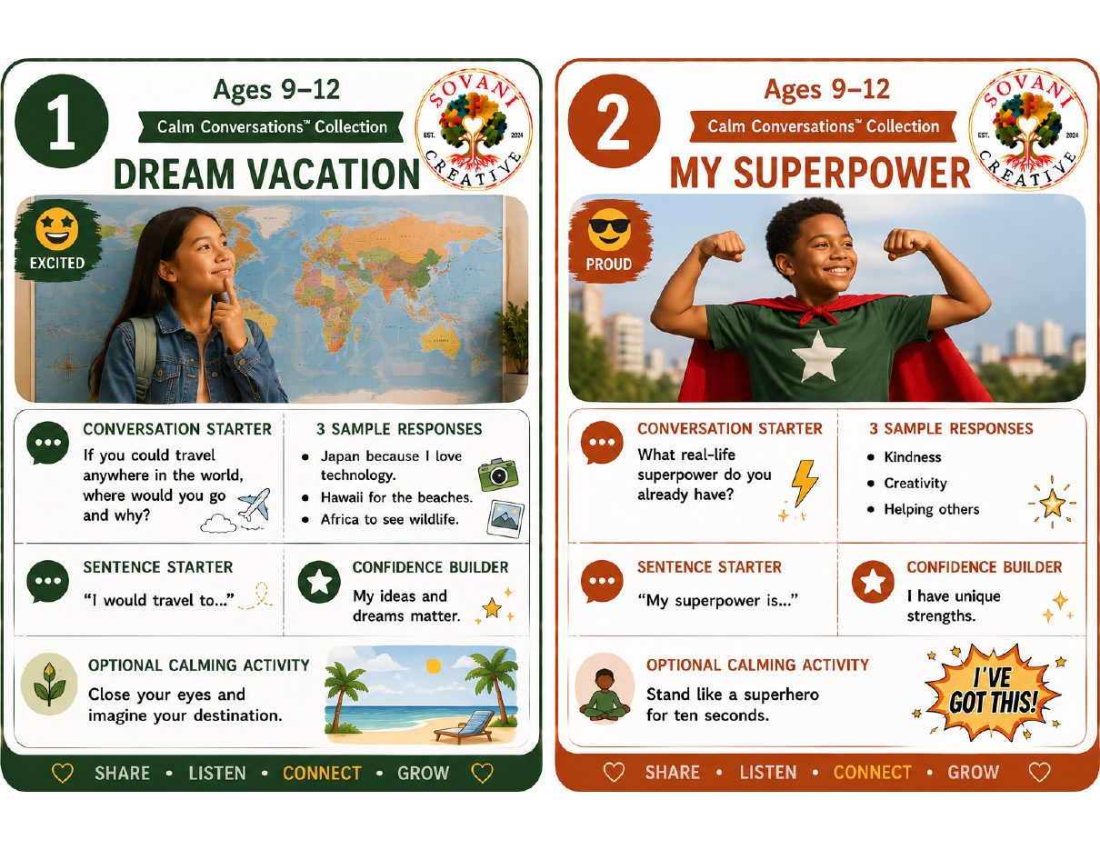 Prompt Cards 1–2 from 30 Conversation Prompts for Speech Confidence, Ages 9–12, by Sovani Creative