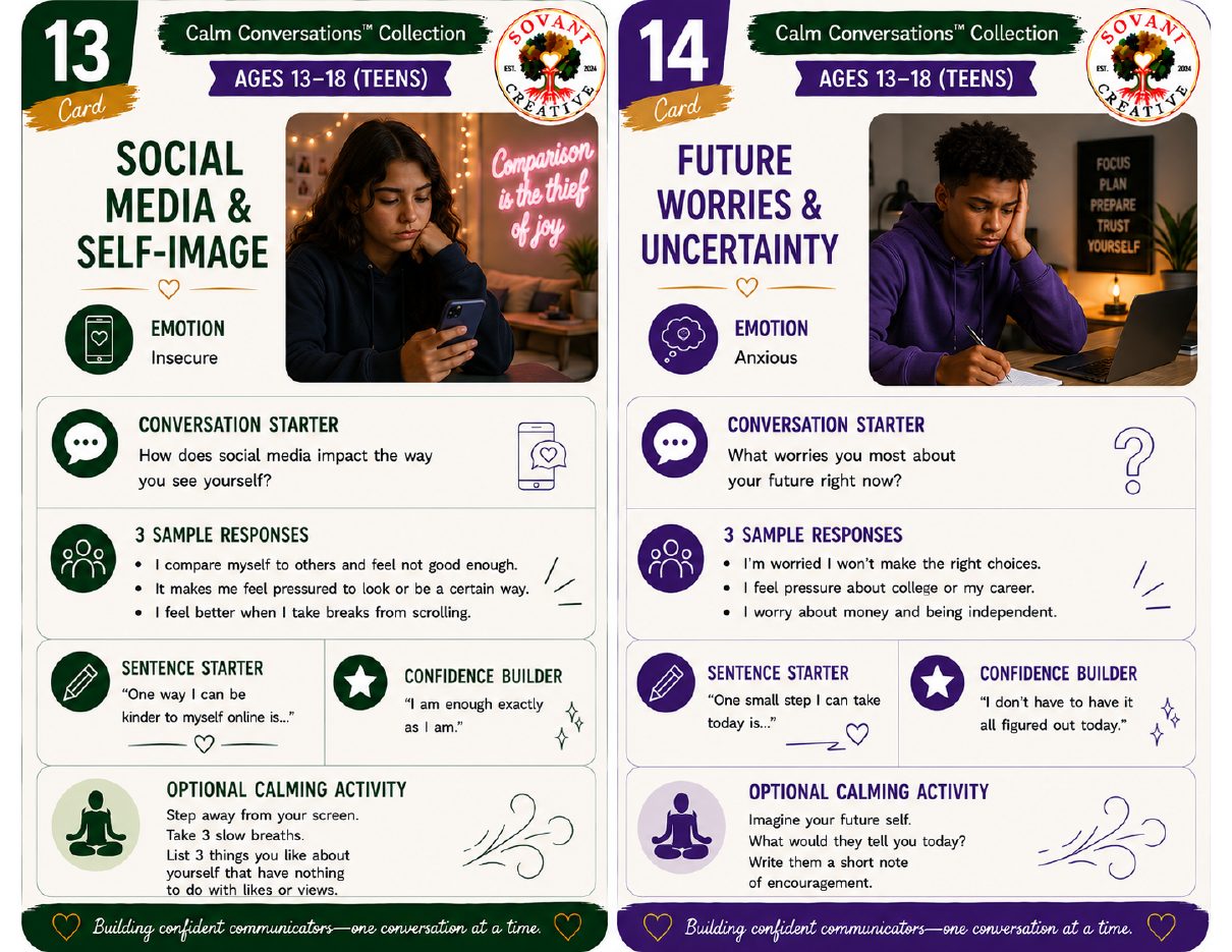 Prompt Cards 13–14 from 30 Conversation Prompts for Speech Confidence, Ages 13–18, by Sovani Creative