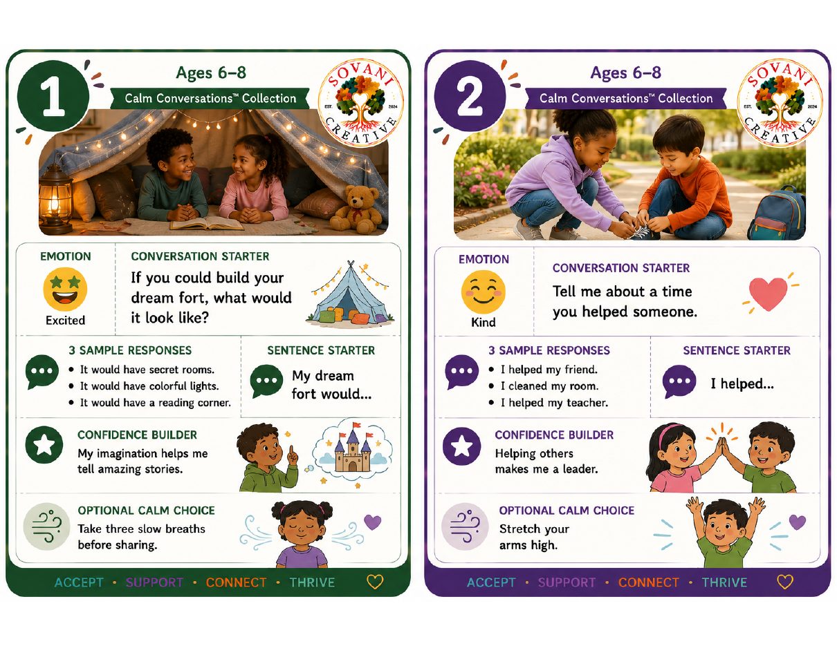 Prompt Cards 1–2 from 30 Conversation Prompts for Speech Confidence, Ages 6–8, by Sovani Creative