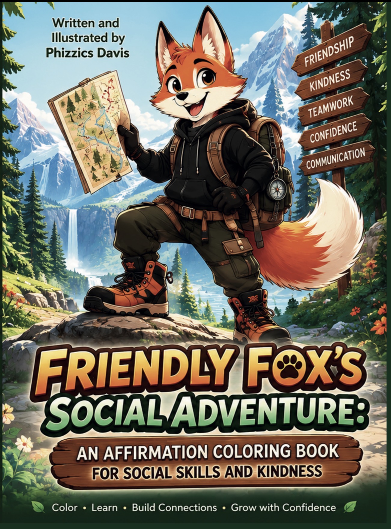 Friendly Fox's Social Adventure coloring book cover — a friendly fox character, by Phizzics Davis