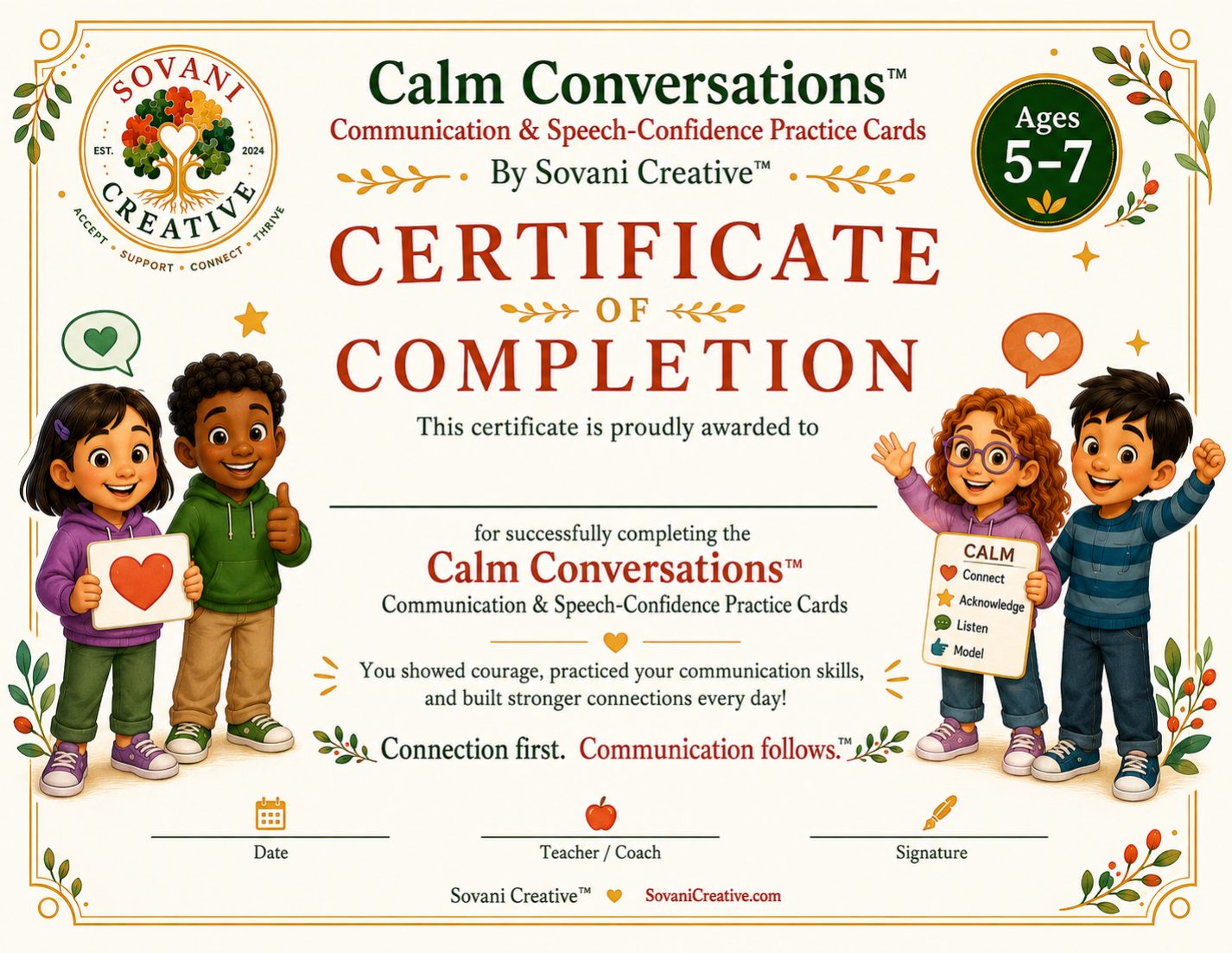 Calm Conversations Certificate of Completion for Ages 5–7