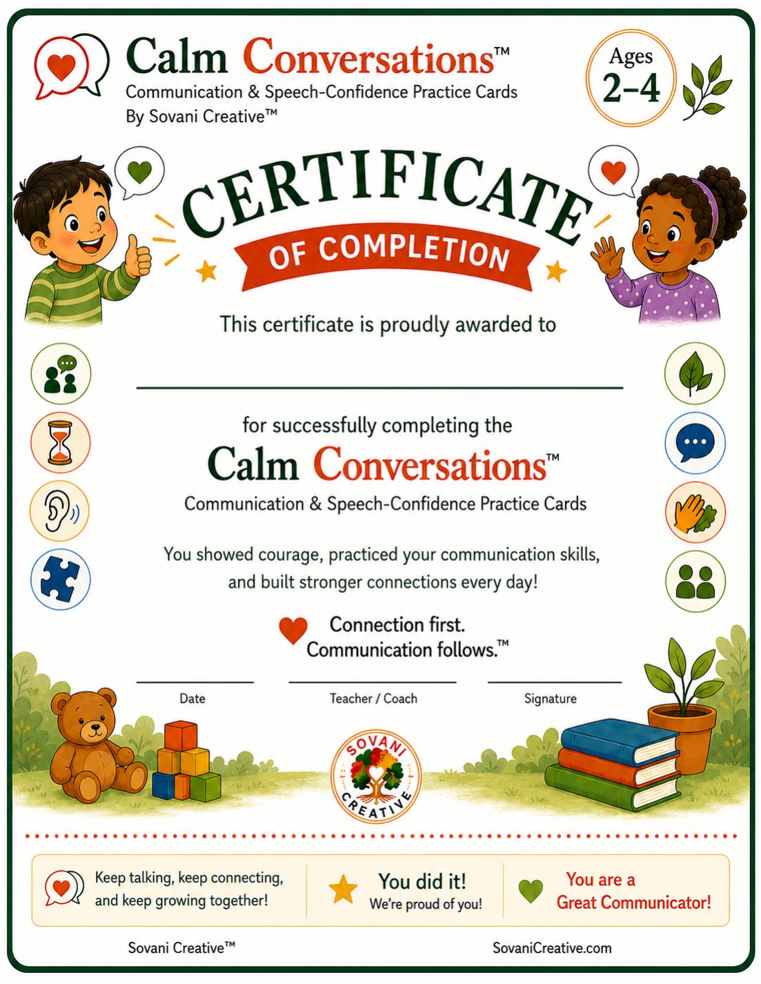 Calm Conversations Certificate of Completion for Ages 2–4