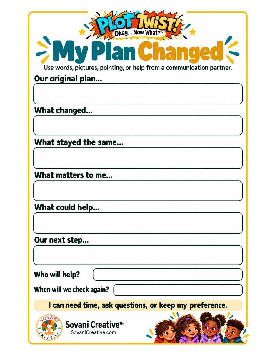 My Plan Changed worksheet for writing, drawing or choosing what changed, what stayed the same and what comes next.