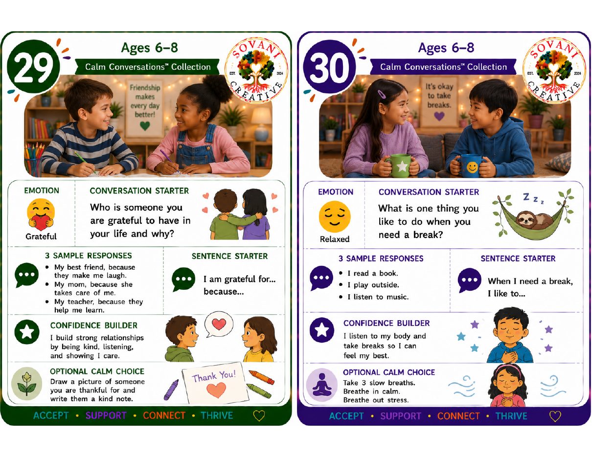 Final Prompt Cards from 30 Conversation Prompts for Speech Confidence, Ages 6–8, by Sovani Creative
