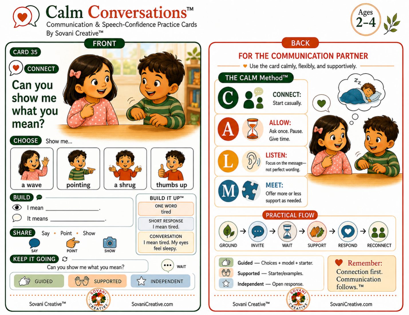 Front and back of a Calm Conversations Ages 2–4 practice card
