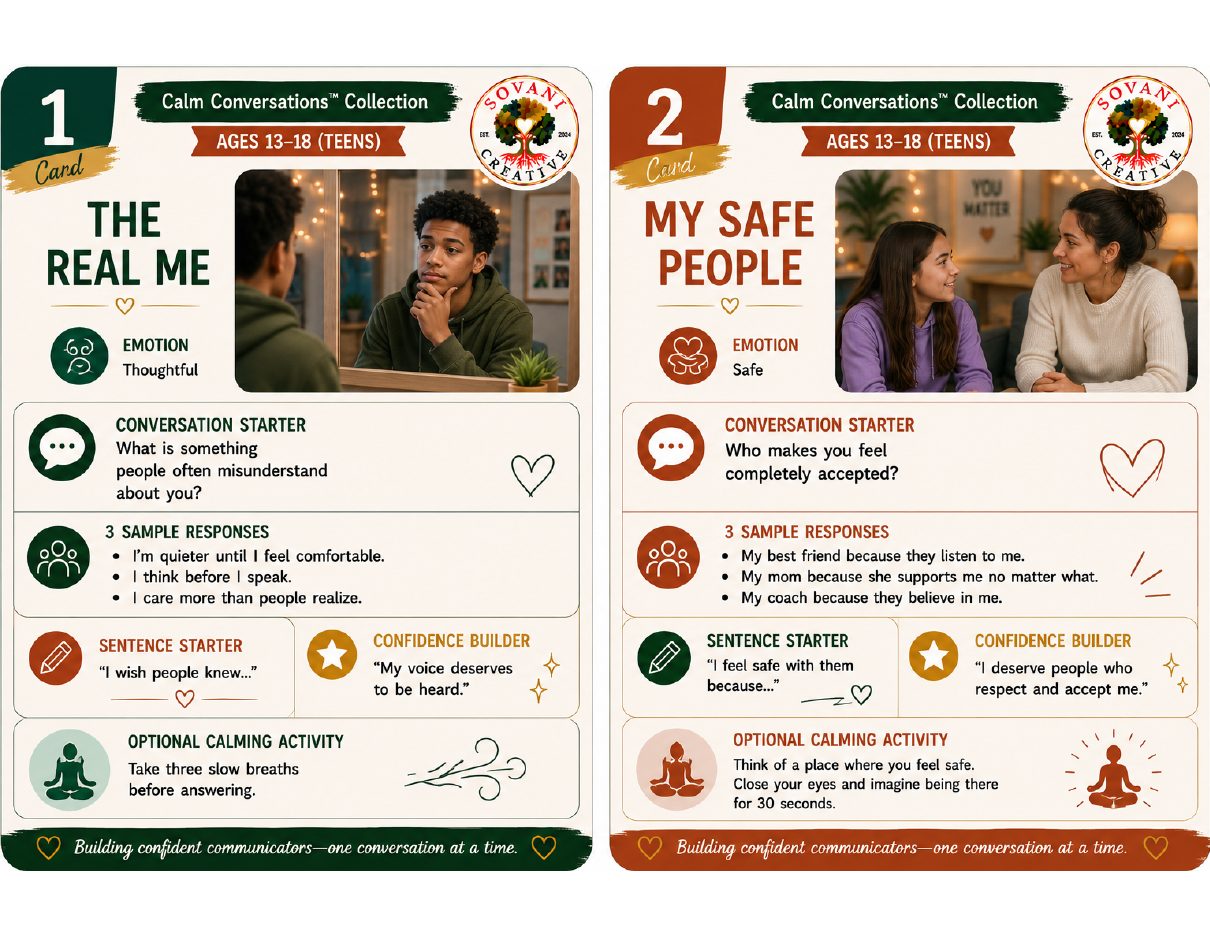 Prompt Cards 1–2 from 30 Conversation Prompts for Speech Confidence, Ages 13–18, by Sovani Creative