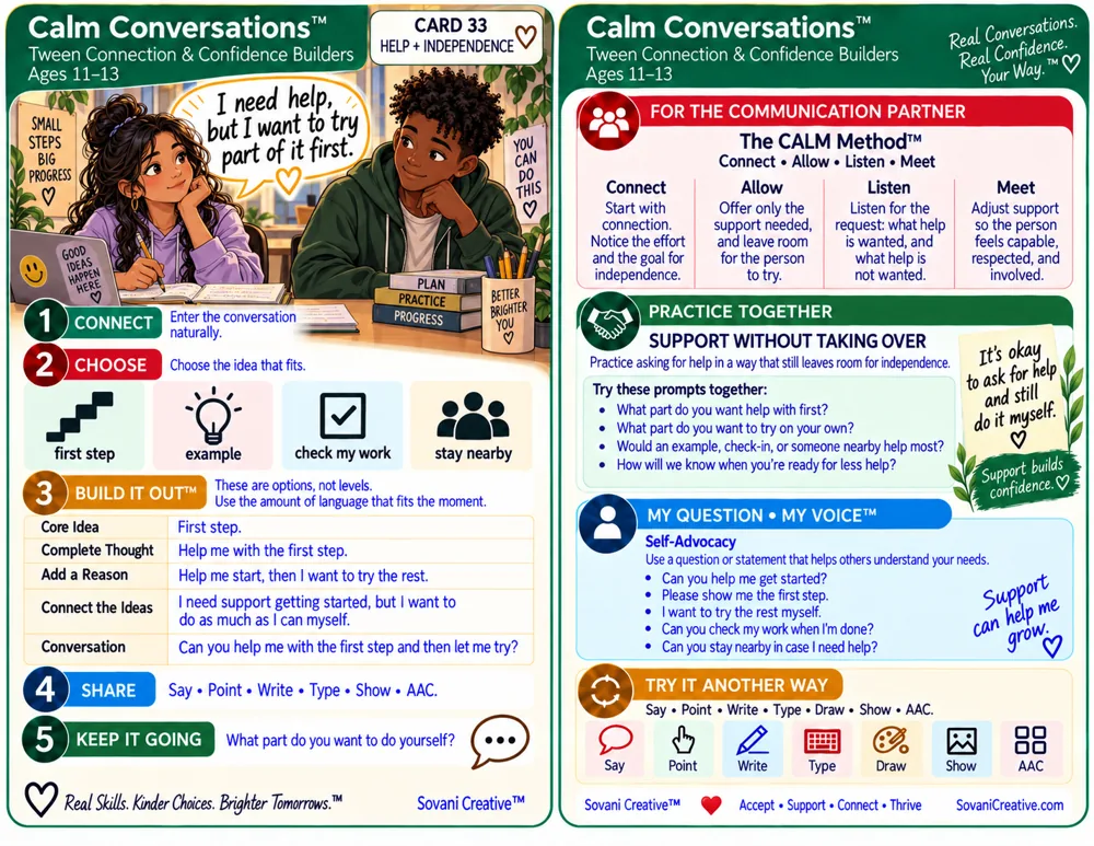 Ages 11–13 conversation card about asking for help while staying independent