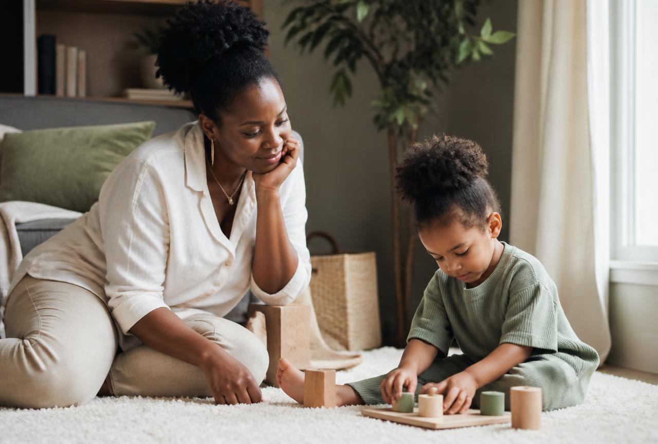 A mother sits near her young child, who is quietly playing with wooden blocks in a sunlit home.