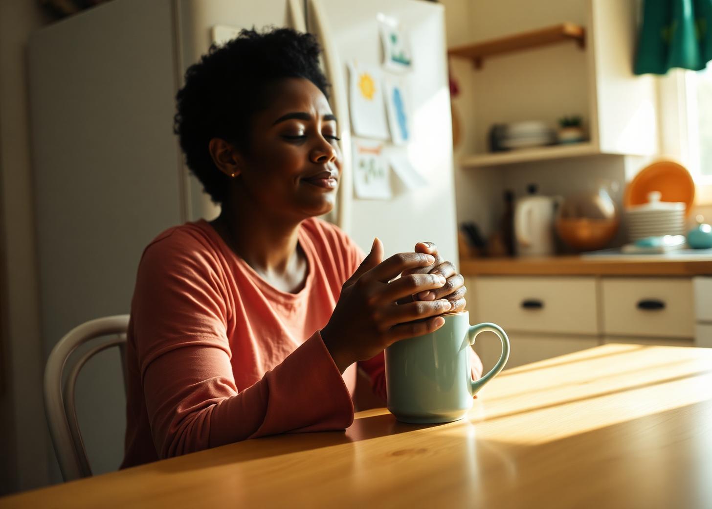 A mother sits at a sunlit kitchen table with her hands wrapped around a warm mug of tea, eyes closed, her child's drawings taped to the refrigerator behind her.
