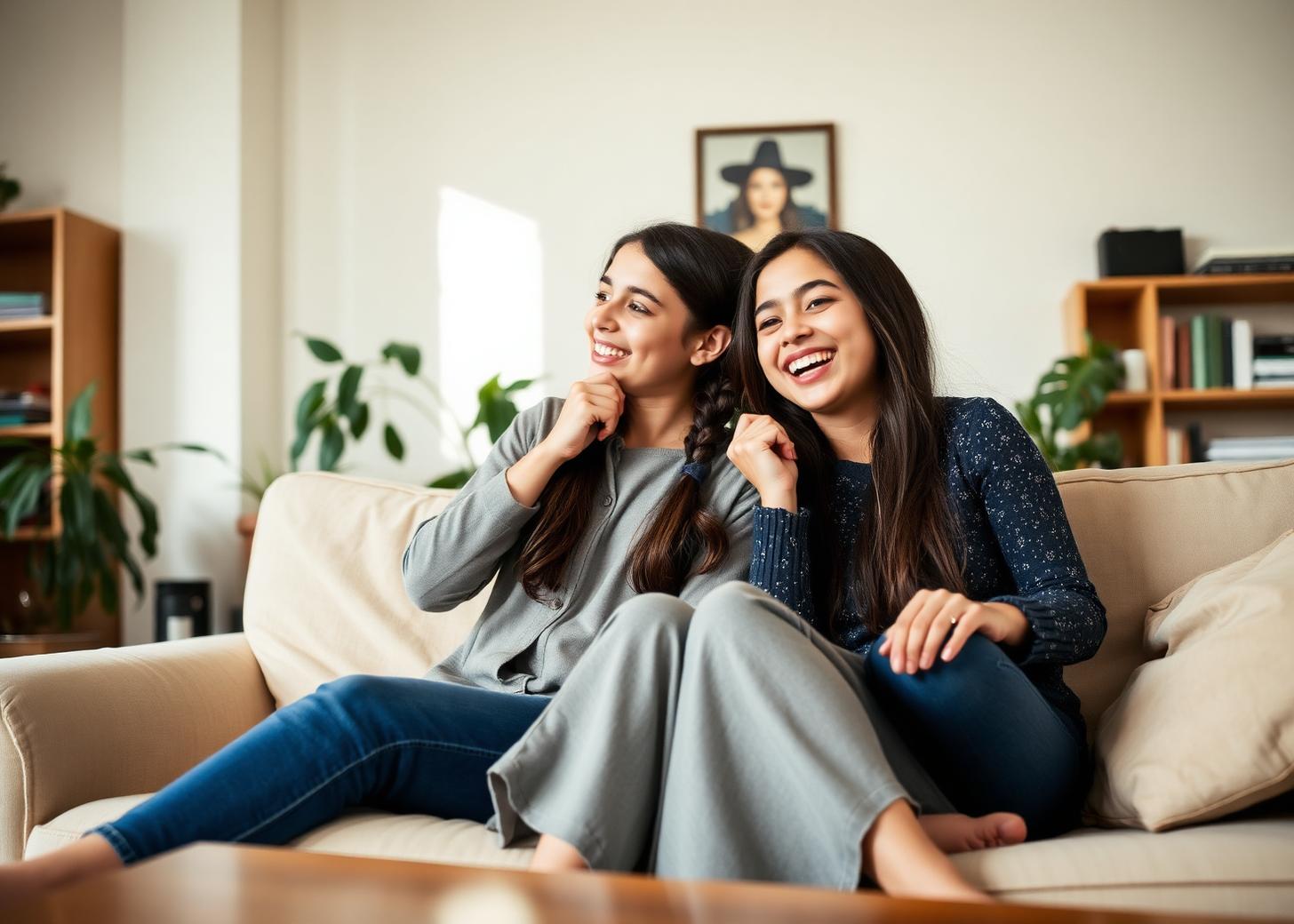 Two tween girls sit side by side on a sofa in a cozy living room, one holding the other's braid, both laughing mid-gesture at something off-camera.