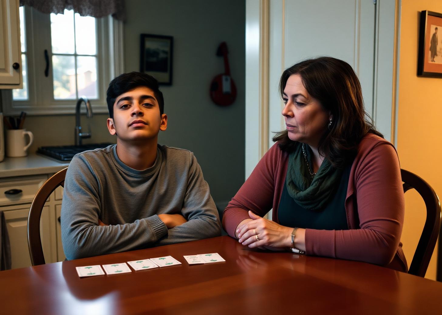 A teenage boy and his mother sit at a kitchen table with a small deck of conversation cards between them; he leans back with a calm, self-assured expression while she listens.