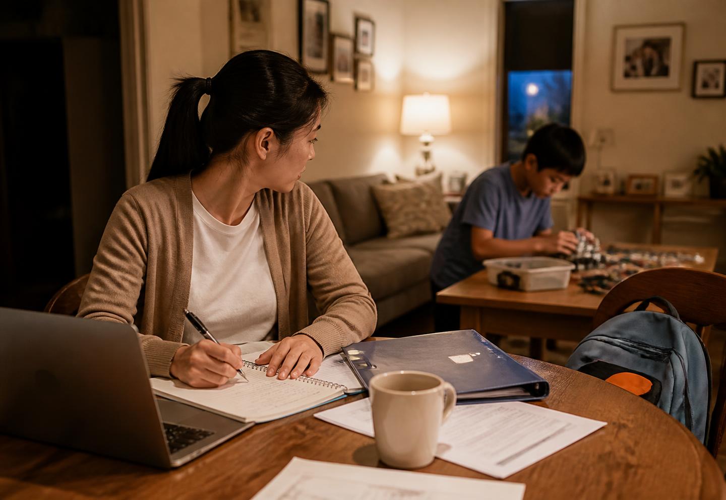 A mother sits at her dining table in the evening preparing for an IEP meeting with a laptop, school folder and handwritten notes, glancing toward her middle-school-aged child building a project in the background.