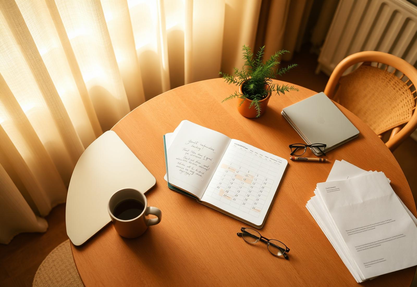 A warm family dining table in golden window light with an open planner, a calendar, a laptop, school papers, and two cups of tea — the quiet work of planning a child's future.