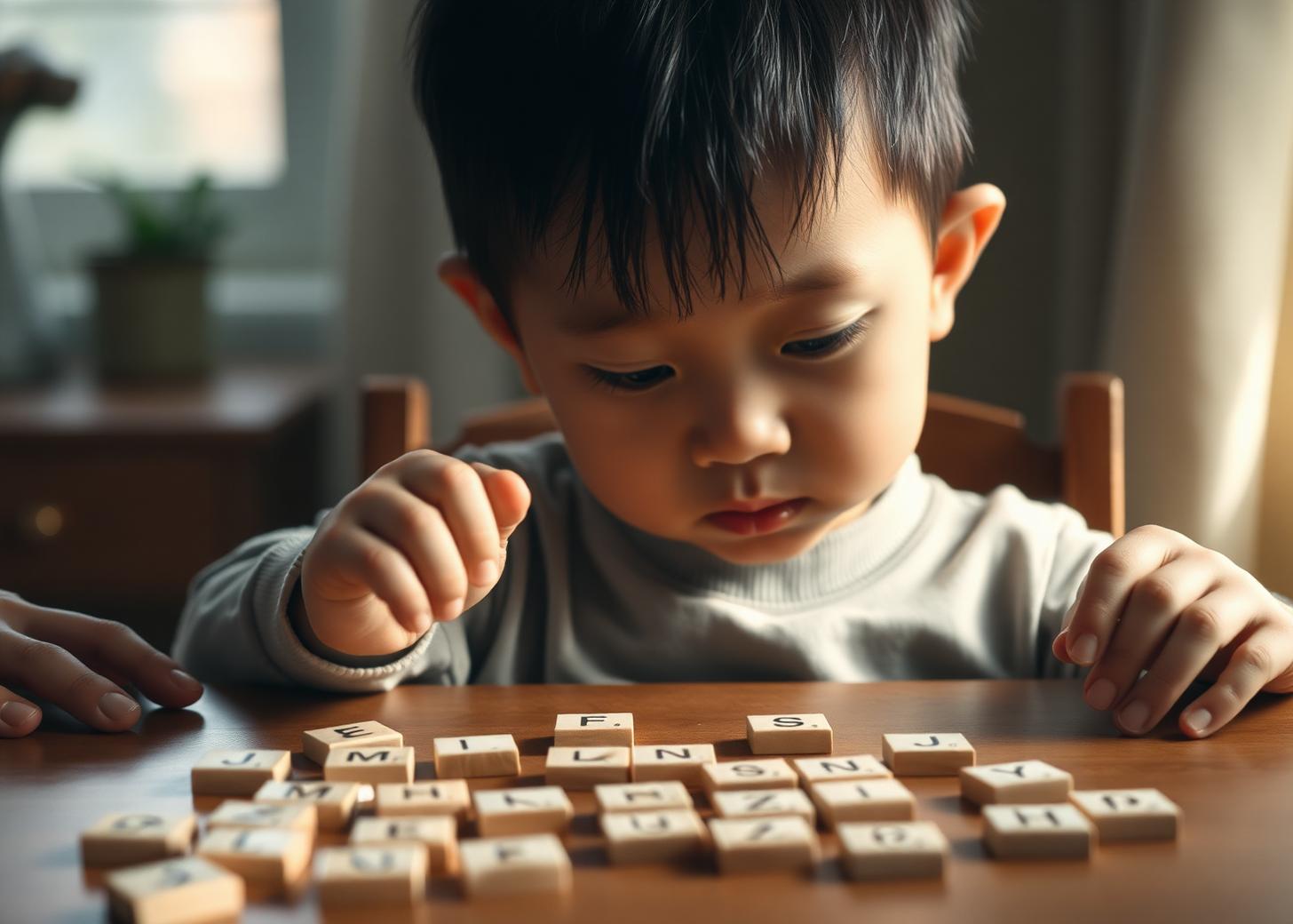 A child sits at a wooden table looking thoughtfully at scattered smooth wooden letter tiles, hand hovering mid-choice; a parent's hands rest at the edge of the frame, waiting without reaching in.