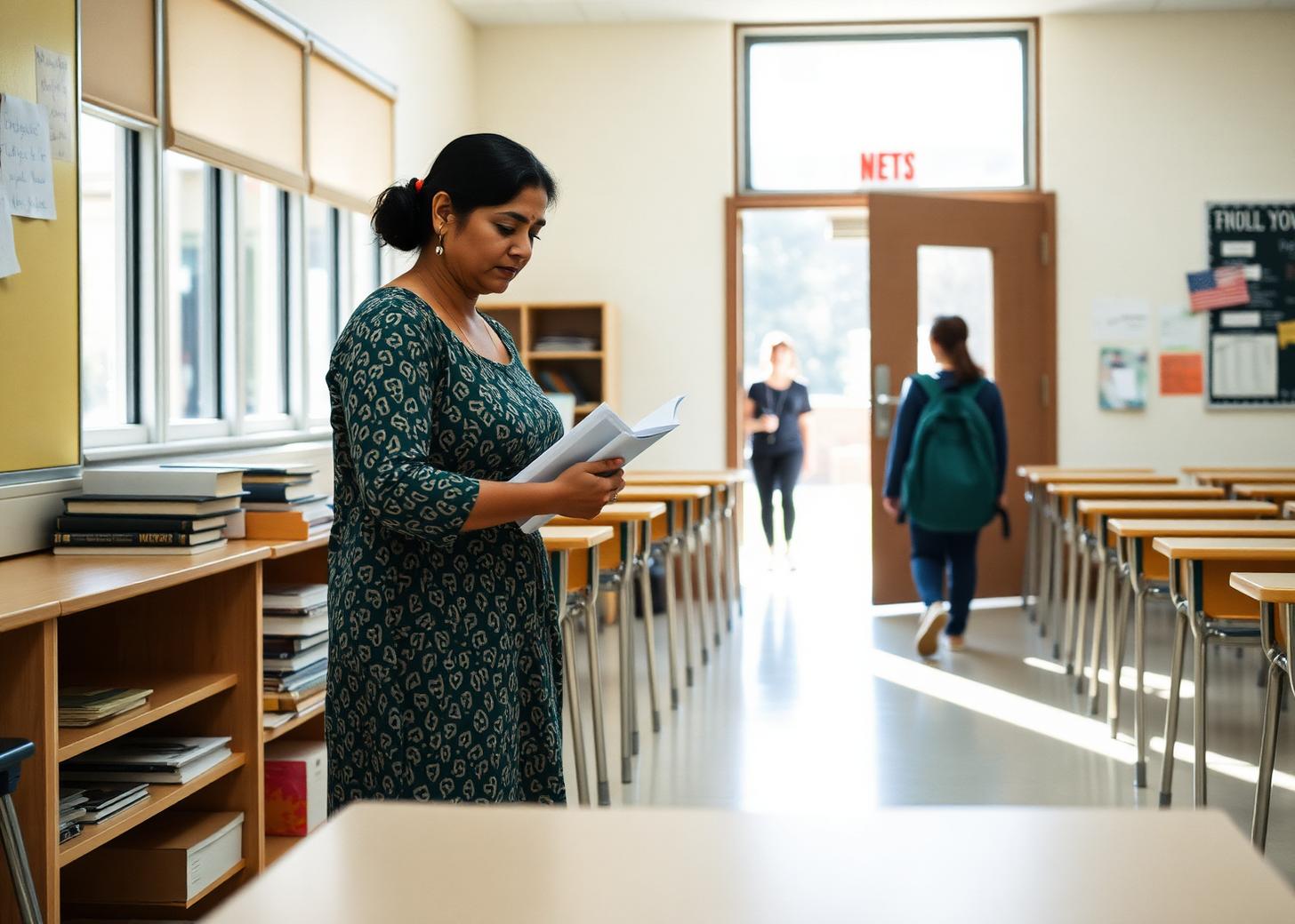 A teacher arranges books on a low shelf in a bright, empty classroom; through the open door behind her, a parent and a small child with a new backpack walk down the hallway.
