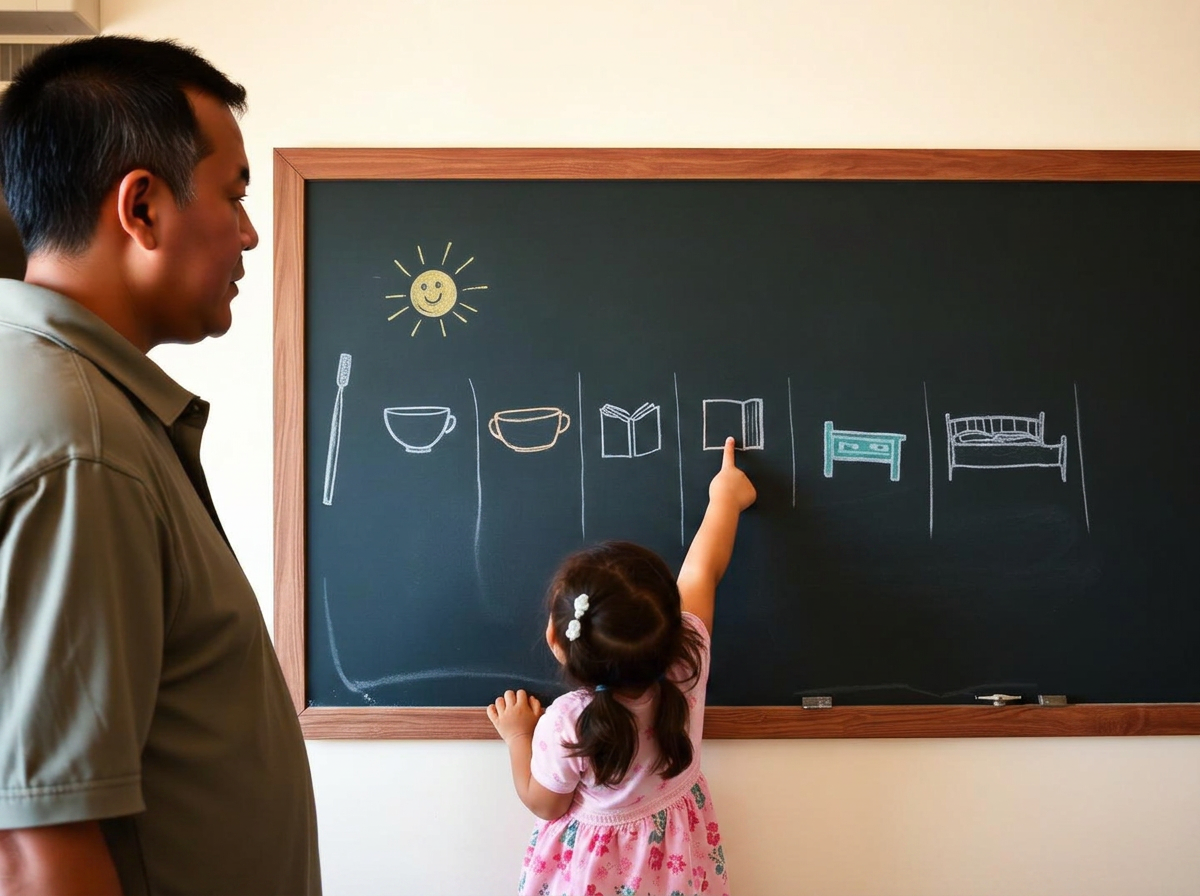 A father and his young daughter stand at a kitchen chalkboard covered with simple colorful chalk picture icons showing the day's routine; she reaches up to point at one icon.