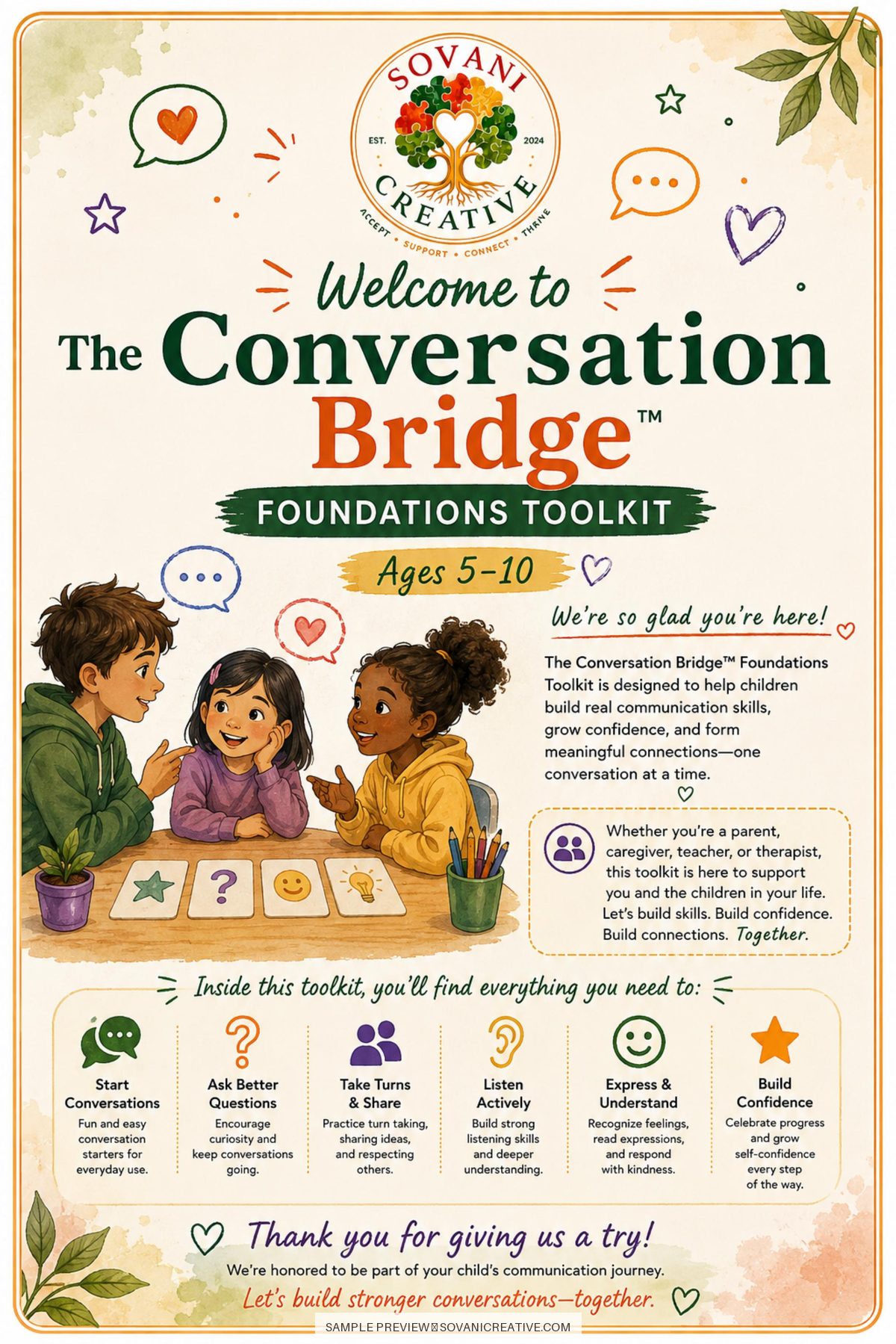 Welcome page for The Conversation Bridge Foundations Toolkit, ages 5 to 10, showing the six goals: start conversations, ask better questions, take turns and share, listen actively, express and understand, and build confidence.