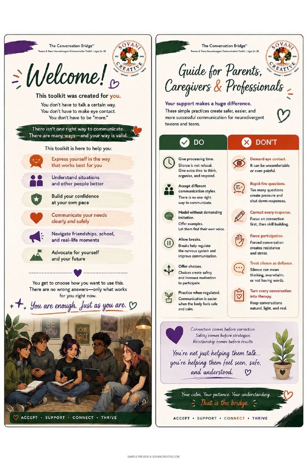 Welcome page introducing The Conversation Bridge toolkit for neurodivergent tweens and teens building confidence in communication, connection, and self-expression.